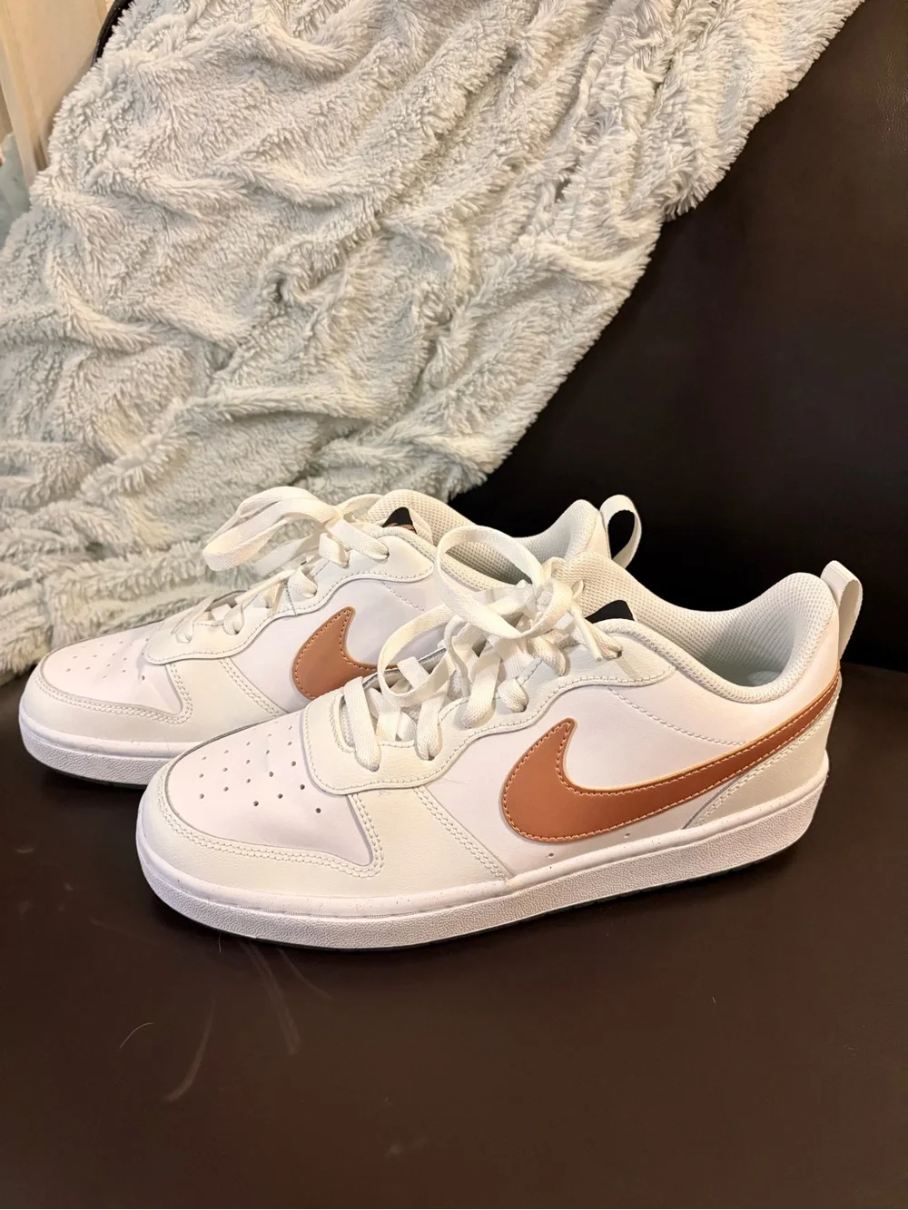 Nike Kids White Sneakers with Tan Swoosh